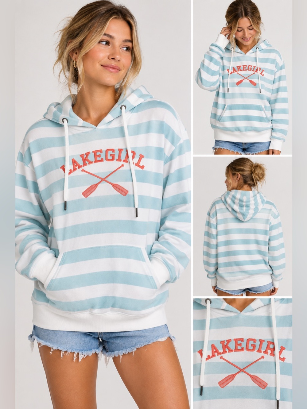 Lakegirl Women’s XL Blue White Striped Hoodie Pullover Crossed Oars